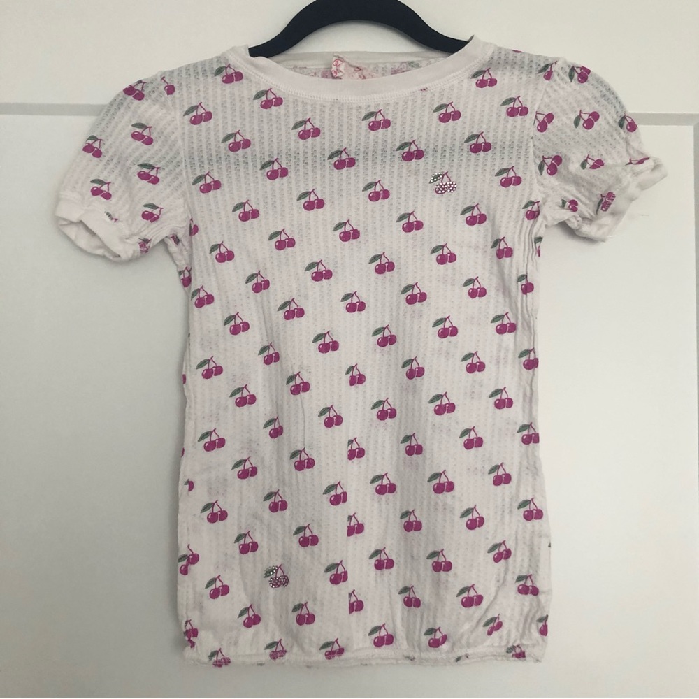 Girls Larabelle White Waffle Knit Short Puffy Sleeves Tee Pink Cherries Large